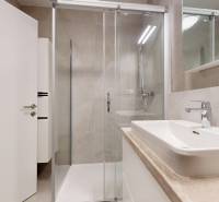 | Prémiové bývanie v ZWIRNe I Pekný zariadený 2i byt I - Kúpeľňa v 2-izbovom byte s umývadlom, sprchovým kútom a zrkadlom.