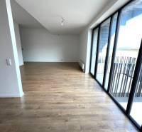 PREDAJ VEĽKORYSÝ 2 IZBOVÝ BYT NOVOSTAVBA DESINGN CENTER - Obývacia izba v 2-izbovom byte s podlahou s dreveným dekorom a veľkými oknami.