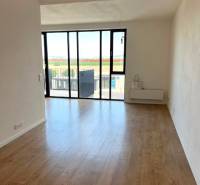 PREDAJ VEĽKORYSÝ 2 IZBOVÝ BYT NOVOSTAVBA DESINGN CENTER - Svetlá obývacia izba s veľkými oknami a podlahou s dreveným dekorom v 2-izbovom byte.