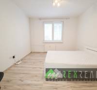 Predaj 3 izbového bytu s loggiou, Lučenec, Rúbanisko III.  - Svetlá spálňa v 3-izbovom byte s podlahou s dreveným dekorom a jednoduchým nábytkom.