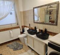 RODINNÝ DOM, HERNÁDKAK, MAĎARSKO - Kúpeľňa v rodinnom dome s dvojitým umývadlom, vaňou a práčkou na dlažbe.
