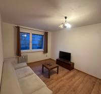 2-izb. byt, Nejedlého, Dúbravka, izby samostatné - Obývacia izba v 2-izbovom byte so sedačkou, televízorom a podlahou s dreveným dekorom.