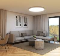 4 iz Novostavba ( 510 m2 ), tepel.čerpadlo RD Madunice - Svetlá obývačka, útulný gauč, moderné umenie, veľké okná, drevená podlaha.