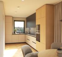 4 iz Novostavba ( 510 m2 ), tepel.čerpadlo RD Madunice - Kuchyňa s drevenými skrinkami a oknom, na ulici Špačince v rodinnom dome.