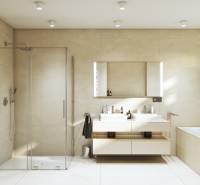 4 iz Novostavba ( 510 m2 ), tepel.čerpadlo RD Madunice - Kúpeľňa v rodinnom dome na ulici Špačince so sprchou, dvojitým umývadlom a vaňou.