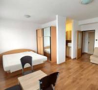 Slnečný 1 izb. byt Piešťany, praktická poloha, kúpou voľný - 1-izbový byt s podlahou s dreveným dekorom, posteľou, gaučom a skriňou.