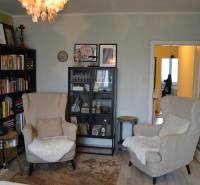 Útulný 3-izbový byt v Trnave na skok do Kamenáča! - Obývačka v 3-izbovom byte s policami na knihy a podlahou s dreveným dekorom.