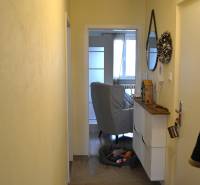 Útulný 3-izbový byt v Trnave na skok do Kamenáča! - Úzka chodba s dreveným dekorom podlahy v 3-izbovom byte, pohľad do obývačky.