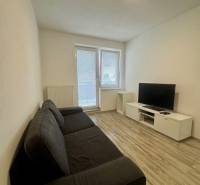 PRENÁJOM 2-izbový byt, Žilina - Slnečné terasy - Obývacia izba v 2-izbovom byte s pohovkou, televízorom a podlahou s dreveným dekorom.