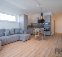 Na prenájom lukratívne 2-izbové byty v centre Popradu - Obývacia izba v 2-izbovom byte so sivou sedačkou a kuchyňou s dreveným nábytkom.