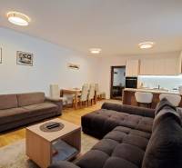 Lukratívny a priestranný 2-izbový apartmán v Mlynici na prenájom - Obývacia izba 2-izbového bytu s pohovkami, jedálenským stolom a kuchyňou, podlaha s dreveným dekorom.