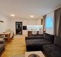 Lukratívny a priestranný 2-izbový apartmán v Mlynici na prenájom - Obývačka 2-izbového bytu s kuchyňou, jedálenským stolom a podlahou s dreveným dekorom.