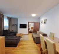 Lukratívny a priestranný 2-izbový apartmán v Mlynici na prenájom - Obývacia izba s pohovkou a TV, vedľa jedálenského stola, podlaha s dreveným dekorom.