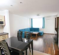 2 izbový byt na prenájom Dolný Šianec, Trenčín - Obývacia izba s modrou sedačkou, kuchyňou a podlahou s dreveným dekorom v 2-izbovom byte.