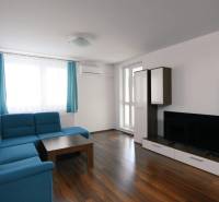 2 izbový byt na prenájom Dolný Šianec, Trenčín - Obývacia izba v 2-izbovom byte s modrým gaučom a podlahou s dreveným dekorom.