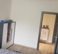 Predaj 4-izbového rodinného domu s veľkou záhradou v Semerove - Izba v rodinnom dome s podlahou s dreveným dekorom a modrým stropom.