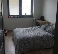 Predaj 4-izbového rodinného domu s veľkou záhradou v Semerove - Spálňa v rodinnom dome s posteľou, pracovným stolom a podlahou s dreveným dekorom.