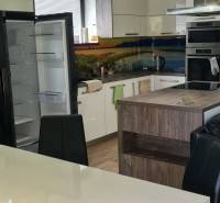 Predaj 4-izbového rodinného domu s veľkou záhradou v Semerove - Kuchyňa v rodinnom dome s otvorenou chladničkou, zeleným stropom a jedálenským stolom.