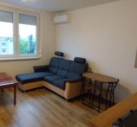 1-izbový byt na prenájom pri stanici – zariadený, po rekonštrukcii - Obývacia izba v 1-izbovom byte s podlahou s dreveným dekorom, pohovkou a stolom.