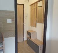 Prenájom veľmi peknej garzónky na Nábrežnej ulici - Predsieň v garsónke s podlahou s dreveným dekorom a vešiakovou stenou.