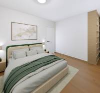 2 IZBOVÝ BYT 54,16m2 - KOMPLET PREROBENÝ -SVETLÁ ULICA - Spálňa v 2-izbovom byte s posteľou, obrazom a podlahou s dreveným dekorom.