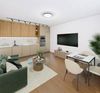 2 IZBOVÝ BYT 54,16m2 - KOMPLET PREROBENÝ -SVETLÁ ULICA - Obývacia izba s kuchynským kútom v 2-izbovom byte, podlaha s dreveným dekorom.