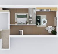 2 IZBOVÝ BYT 54,16m2 - KOMPLET PREROBENÝ -SVETLÁ ULICA - Pôdorys 2-izbového bytu s podlahou s dreveným dekorom a kuchyňou.