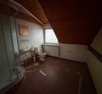 Veľký rodinný dom Podhradie  - Kúpeľňa v rodinnom dome s umývadlom, sprchovým kútom a dreveným obkladom stropu.