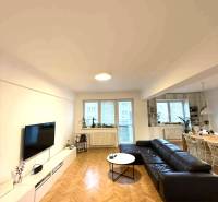 Prenájom 4 izb. bytu, Blumentálska ulica, Staré Mesto - Obývacia izba v 4-izbovom byte s podlahou s dreveným dekorom a čiernou sedačkou.