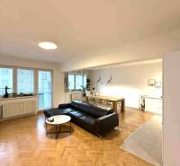 Prenájom 4 izb. bytu, Blumentálska ulica, Staré Mesto - Obývacia izba v 4-izbovom byte s podlahou s dreveným dekorom a čiernym gaučom.