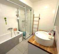 Prenájom 4 izb. bytu, Blumentálska ulica, Staré Mesto - Kúpeľňa s vaňou, sprchovým kútom a umývadlom na drevenej doske v 4-izbovom byte.