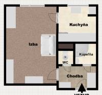 REZERVOVANÉ Na predaj 1 izbový byt, Bratislava, Dúbravka, Drobného - Pôdorys 1-izbového bytu s dispozíciou izby, kuchyne, kúpeľne, WC a chodby.