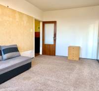 REZERVOVANÉ Na predaj 1 izbový byt, Bratislava, Dúbravka, Drobného - Izba s kobercovým pokrytím, sedačkou a skriňou v 1-izbovom byte.