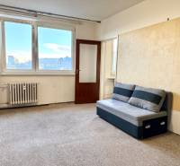 REZERVOVANÉ Na predaj 1 izbový byt, Bratislava, Dúbravka, Drobného - Obývacia izba v 1-izbovom byte s pohovkou a veľkým oknom so svetlom.