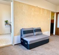 REZERVOVANÉ Na predaj 1 izbový byt, Bratislava, Dúbravka, Drobného - Sivá pohovka a koberec v izbe 1-izbového bytu, svetlé steny s dekorom, vstup do kuchyne.