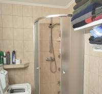 PRENÁJOM - zariadena garsónka v Dúbravke. PET FRIENDLY - Kúpeľňa v garsónke s práčkou, sprchovacím kútom, regálom a uloženými uterákmi.