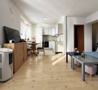 Exkluzívne | Na prenájom priestranný 1i byt Ružinove - Obývacia časť 1-izbového bytu s kuchynským kútom a podlahou s dreveným dekorom.