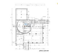 NA PREDAJ polyfunkčná budova v centre obce Veľké Leváre - Pôdorys prízemia budovy s rozložením miestností a stavebnými rozmermi.