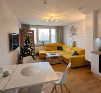 ŠTÝLOVÝ 3,5-IZBOVÝ BYT S NÁBYTKOM NA MIERU, A. HLINKU, ZVOLEN - Obývacia izba v 3-izbovom byte s podlahou s dreveným dekorom a vianočným stromčekom.