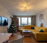 ŠTÝLOVÝ 3,5-IZBOVÝ BYT S NÁBYTKOM NA MIERU, A. HLINKU, ZVOLEN - Obývacia izba v 3-izbovom byte so žltou sedačkou a podlahou s dreveným dekorom.