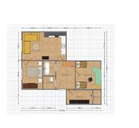 ŠTÝLOVÝ 3,5-IZBOVÝ BYT S NÁBYTKOM NA MIERU, A. HLINKU, ZVOLEN - Pôdorys 3-izbového bytu s podlahou s dreveným dekorom, obsahuje kúpeľňu a kuchyňu.