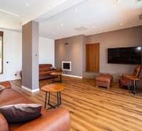 Novalja – luxusná vila s bazénom, jacuzzi a výhľadom na more - Obývacia izba vo vile s podlahou s dreveným dekorom, koženou sedačkou a televízorom.