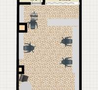 Na prenájom zdieľaný priestor, Kaderníctvo, Ružinov, Spustníkova ulica - Pôdorys obchodných priestorov so skladom a WC, podlaha s dekorom.