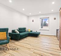 NA PREDAJ 4-IZBOVÝ RODINNÝ DOM V KOLÁROVE - Obývacia izba v rodinnom dome s pohodlnou zelenou sedačkou a podlahou s dreveným dekorom.