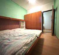 MAXFIN REAL - predaj dvojgarsónky - Nitra, Klokočina - Dvojgarsónka so vstavanými skriňami, zelenými stenami a podlahou s dreveným dekorom.