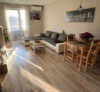 2iz byt v novostavbe Hlohovec Zľava!!! - Obývacia izba s pohovkou, jedálenským stolom a podlahou s dreveným dekorom v 2-izbovom byte.