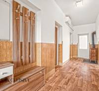 NA PREDAJ 6-IZBOVÝ RD S VEĽKÝM POZOMKOM, DOLNÝ ŠTÁL - Chodba s podlahou s dreveným dekorom, vešiakmi a dverami. Rodinný dom.