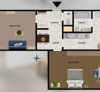 Zariadený 2-izbový byt, DVE NEPRIECHODNÉ IZBY, OC RETRO - Pôdorys 2-izbového bytu s jedálňou, kuchyňou a kúpeľňou, s podlahou s dreveným dekorom.