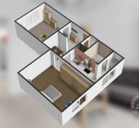 Zariadený 2-izbový byt, DVE NEPRIECHODNÉ IZBY, OC RETRO - Pôdorys 2-izbového bytu s nábytkom a kuchyňou, podlaha s dreveným dekorom.