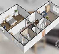 Zariadený 2-izbový byt, DVE NEPRIECHODNÉ IZBY, OC RETRO - 3D pôdorys 2-izbového bytu s nábytkom vrátane spálne, obývačky a kúpeľne.